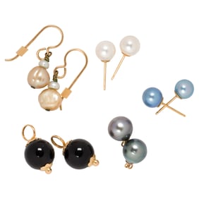 A group of cultured pearl, onyx and 14k gold earrings