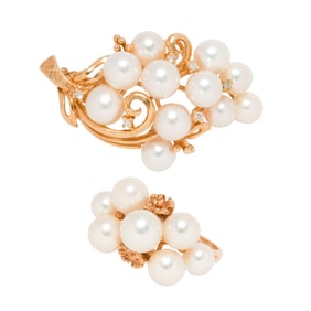 A cultured pearl, diamond, and 14k gold brooch and ring set