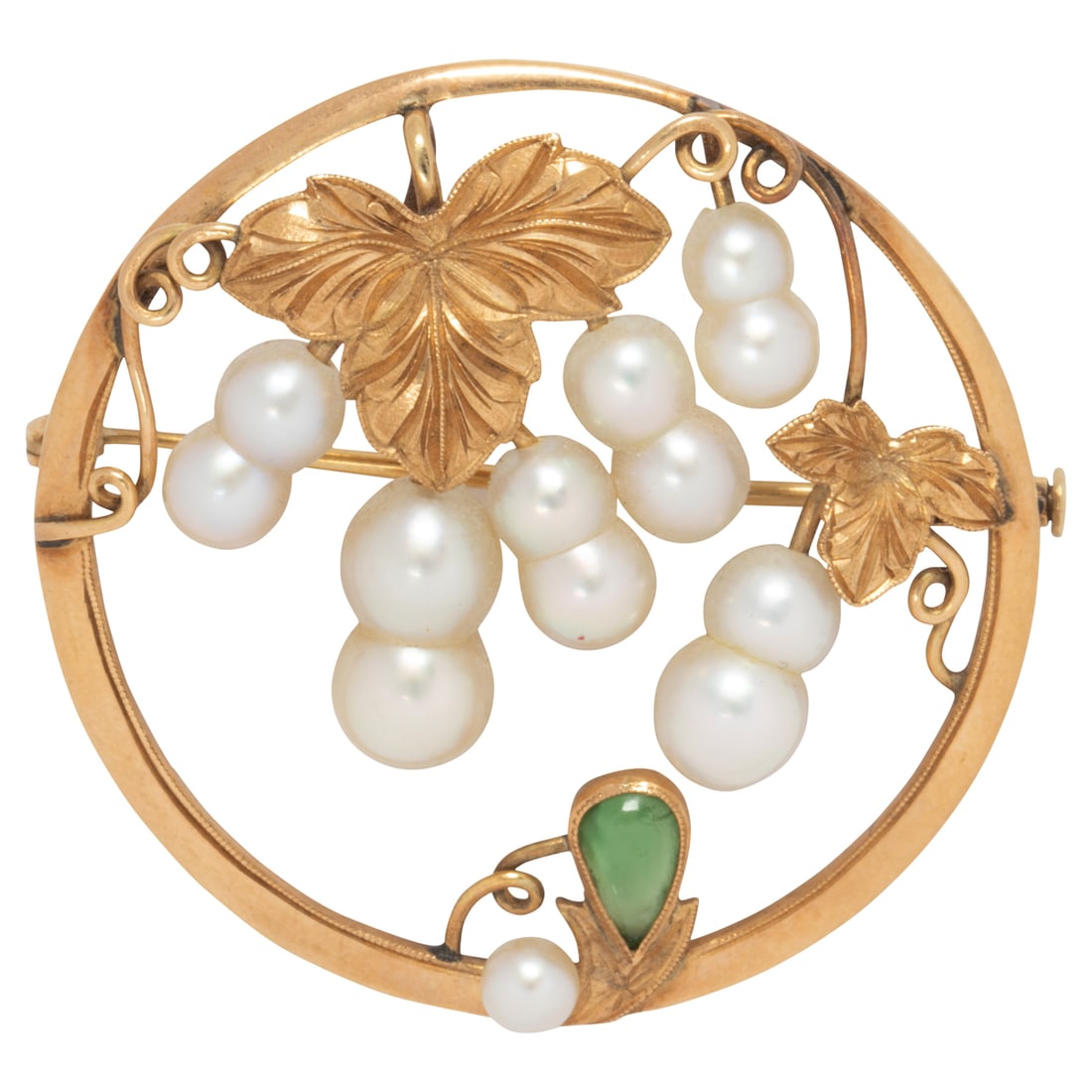 A cultured pearl, jade and 14k gold brooch: A cultured pearl, jade and 14k gold broochof botanical design, featuring cultured pearls and a pear-shaped jade cabochon; 7.89 grams; length: 1 1/2 in
