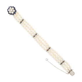 A cultured pearl, sapphire and 14k gold bracelet