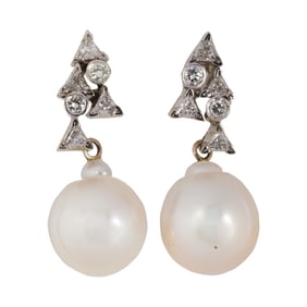 A pair of South Sea cultured pearl, diamond and 14k white gold earrings