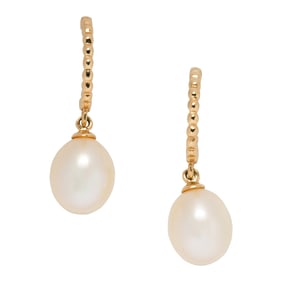 A pair of cultured pearl and 14k gold drop earrings