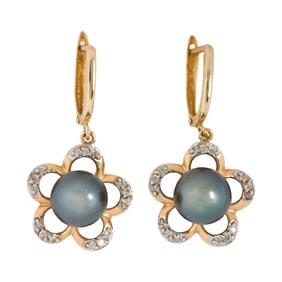 A pair of Tahitian cultured pearl, diamond and 14k gold earrings
