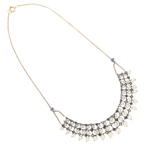 A cultured pearl, diamond, sapphire and 14k gold necklace