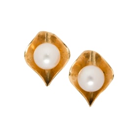 A pair of cultured pearl and 14k gold earrings