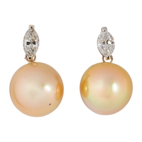 A pair of golden South Sea cultured pearl, diamond and 14k white gold earrings