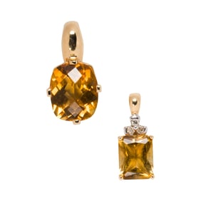 Two citrine, diamond and 14k gold pendants
