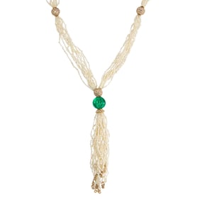 A Columbian emerald, seed pearl, diamond and 18k gold necklace