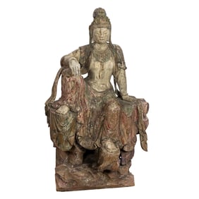 A Chinese polychrome painted wood figure of Guanyin