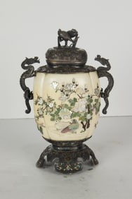 A Japanese Shibayama-style inlaid-decorated and enameled silver vase and cover