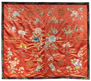 A Chinese red ground embroidered 'three abundance' panel