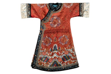 A Chinese embroidered red-ground lady's robe with longevity symbols