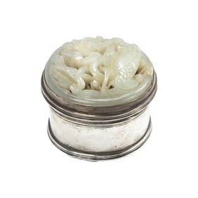 A Chinese metal box with inlaid with jade carving