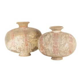 (lot of 2) Chinese painted terra cotta 'cocoon' vases