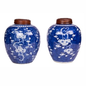 A pair of Chinese blue and white 'prunus' jars
