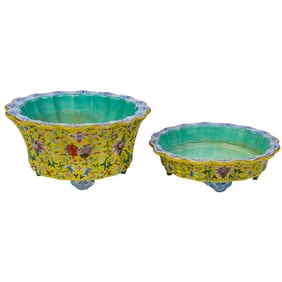 A Chinese yellow-ground famille rose foliate jardiniere and stand