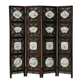 A Chinese four-panel porcelain mounted hardwood folding screen