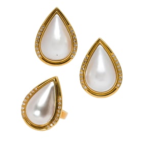 A mabé cultured pearl, diamond and 14k gold ring and earring set