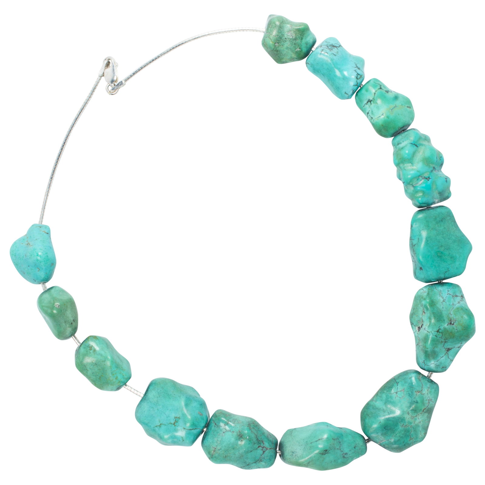 A Turquoise and silver necklace: A Turquoise and silver necklace designed as a line of 13 turquoise pieces, measuring from 19.80 to 12.47 mm; 78.07 grams; length: 16 in