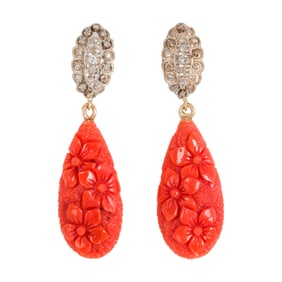 A pair of coral, diamond and 14k rose gold earrings