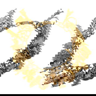 A gold charm bracelet: A gold charm braceletth 14k gold bracelet suspending (29) 14k, 10k, and 9k charms, including a slot machine, crown, ocean liner, running shoe, cable car, and tinker bell; 77.75 grams; length: 7 3/4 in