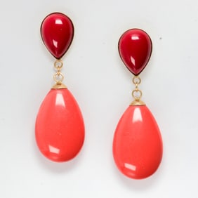 A pair of dyed coral and 14k gold earrings