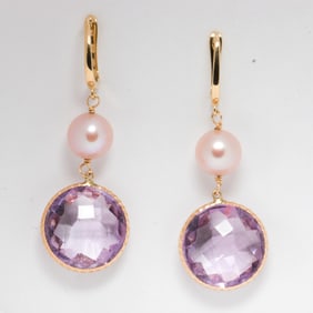 A pair of pearl, amethyst and 14k gold earrings
