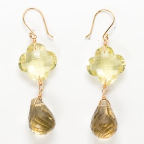 A pair of green quartz and 14k gold earrings