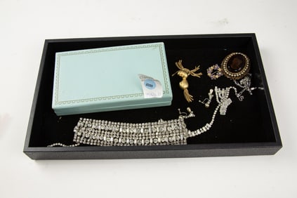 A collection of mostly rhinestone jewelry: a necklace, two pairs of earrings, a bracelet and a dog