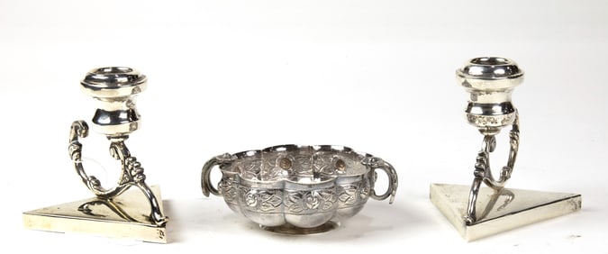 A pair of Mexican sterling silver candlesticks and a Sanborn sterling bowl