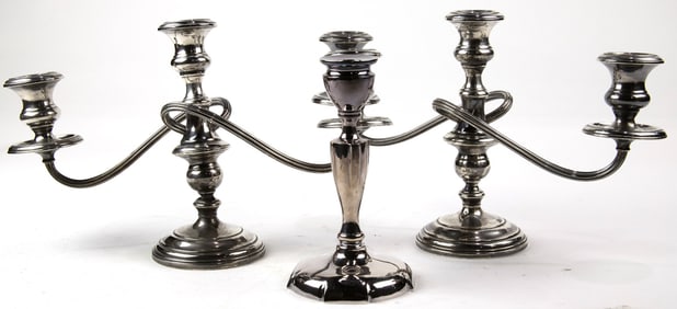 A Gorham pair three light sterling weighted candelabra and a Japanese candelabra