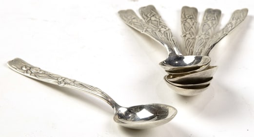 Six Tiffany & Co Vine pattern sterling demitasse spoons with iris relief