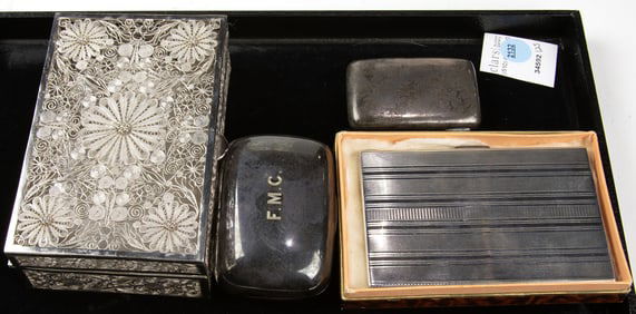 A Lot of four silver boxes, comprising (2) sterling silver cigarette cases (one English by Richard