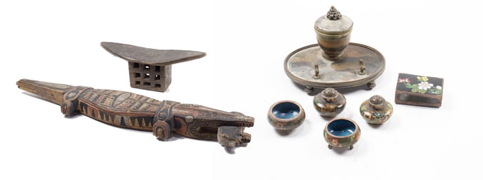 A sterling footed wood bowl en suite with a French inkwell and stand; cloisonne salt and peppers