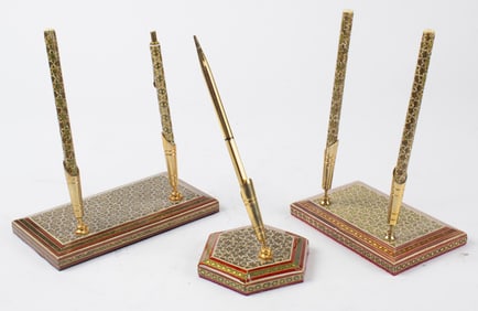 A lot of three Syrian Levantine inlaid pen stands