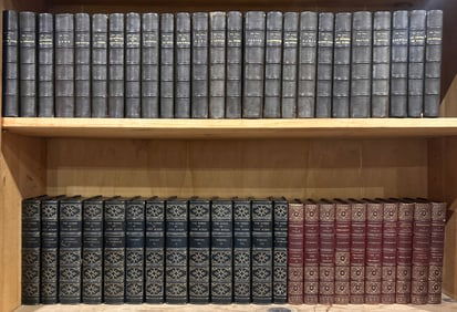 A collection of leather bound books sets, including The Works of Lord Byron circa 1900, Renaissance