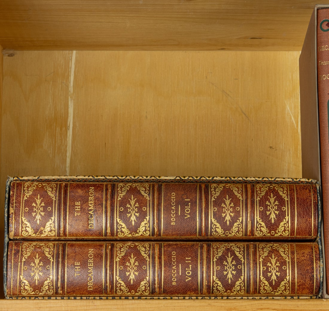 Two boxed sets of 'The Decameron' by Giovanni Boccaccio: Two boxed sets of 'The Decameron' by Giovanni Boccaccio, the first leather bound limited edition set (588 of 2000) with illustratios by Clara Tice, 1925; the second hardcover set, printed by W. & J. M