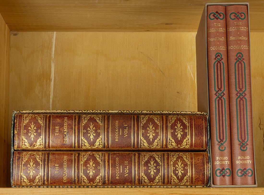Two boxed sets of 'The Decameron' by Giovanni Boccaccio: Two boxed sets of 'The Decameron' by Giovanni Boccaccio, the first leather bound limited edition set (588 of 2000) with illustratios by Clara Tice, 1925; the second hardcover set, printed by W. & J. M