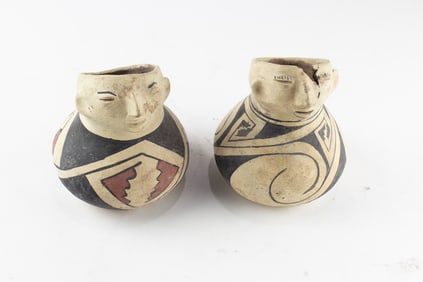 A pair Casas Grandes pots with faces, 6.5"h