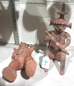 Two Precolumbian style Colima red clay seated or standing figures