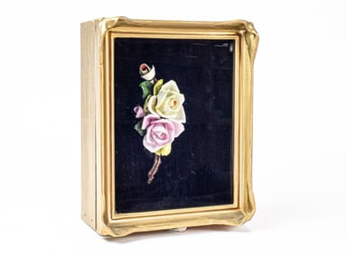 An Italian Capo di Monte floral encrusted rose spray in an Art Nouveau gilt shadow box