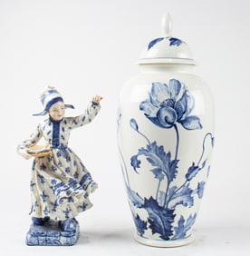 A Hutschenreuther blue and white vase and figure of Dutch girl