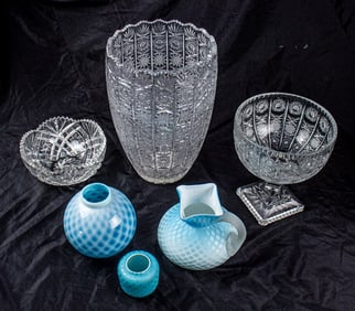 A group of cut clear glass and Victorian blue glass