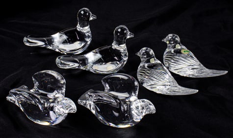 A group of six contemporary European glass bird form paperweights