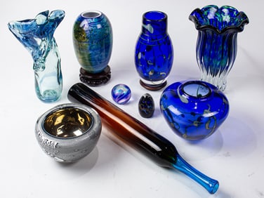 A group of seven Studio art glass vases