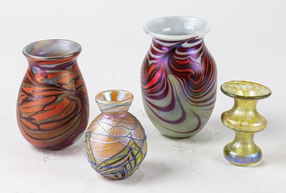 Four American studio iridescent glass cabinet vases