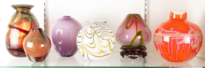 A group of six studio art glass vases