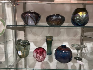 A group of eight American studio art glass vases