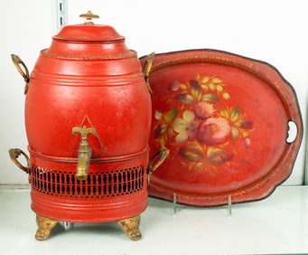 A French red tole peinte hot water urn and tray