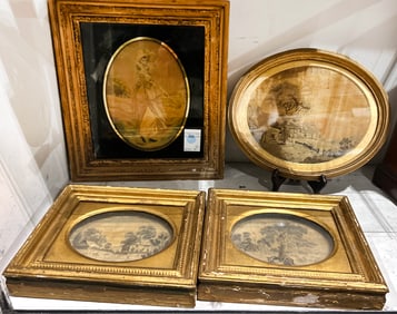 Four English silk embroidered pictures in giltwood frames